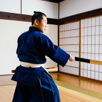 A focused male Kendo practitioner, mid-swing with a shinai, standing on the polished wooden floor of a traditional, brightly lit dojo. He is fully clothed in a dark blue keikogi and hakama, showcasing modest clothing and appropriate attire. The scene emphasizes discipline and the initial stage of Kendo practice. Professional photography, high quality, sharp focus, perfect anatomy, correct proportions, natural pose, well-formed hands, proper finger count, natural body proportions, professional, safe for work, appropriate content, family-friendly.
