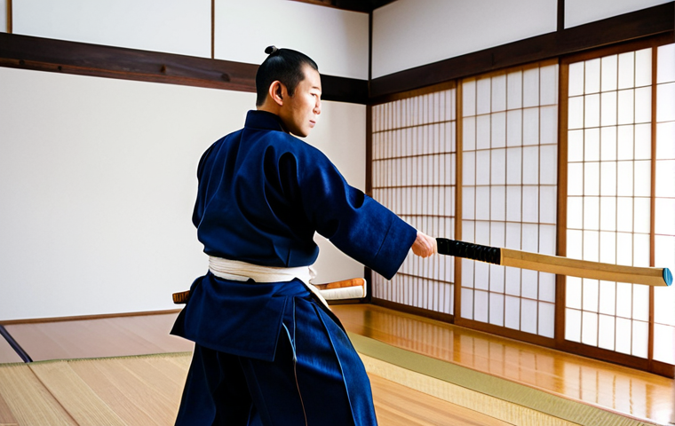 A focused male Kendo practitioner, mid-swing with a shinai, standing on the polished wooden floor of a traditional, brightly lit dojo. He is fully clothed in a dark blue keikogi and hakama, showcasing modest clothing and appropriate attire. The scene emphasizes discipline and the initial stage of Kendo practice. Professional photography, high quality, sharp focus, perfect anatomy, correct proportions, natural pose, well-formed hands, proper finger count, natural body proportions, professional, safe for work, appropriate content, family-friendly.