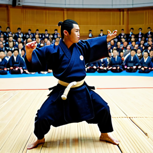 Home 18 A highly skilled professional male Kendo practitioner (*kenshi*) in full traditional Kendo protective gear (*bogu*), including *men*, *do*, *kote*, and *tare*. He is captured mid-action, executing a powerful, precise *men-uchi* strike with his *shinai*. His posture is perfect, reflecting deep concentration and mastery. The scene is set in a well-lit, spacious *shiai-jo* (Kendo competition arena) with a clean wooden floor. The background features blurred, respectful spectators, hinting at a large international competition. safe for work, appropriate content, fully clothed, professional, modest clothing, perfect anatomy, correct proportions, natural pose, well-formed hands, proper finger count, natural body proportions, professional sports photography, high-resolution, sharp focus, dynamic lighting, realistic render.