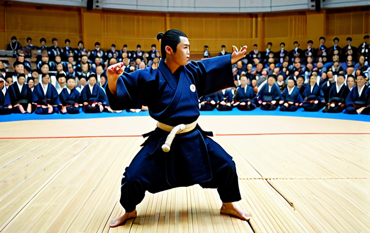 A highly skilled professional male Kendo practitioner (*kenshi*) in full traditional Kendo protective gear (*bogu*), including *men*, *do*, *kote*, and *tare*. He is captured mid-action, executing a powerful, precise *men-uchi* strike with his *shinai*. His posture is perfect, reflecting deep concentration and mastery. The scene is set in a well-lit, spacious *shiai-jo* (Kendo competition arena) with a clean wooden floor. The background features blurred, respectful spectators, hinting at a large international competition. safe for work, appropriate content, fully clothed, professional, modest clothing, perfect anatomy, correct proportions, natural pose, well-formed hands, proper finger count, natural body proportions, professional sports photography, high-resolution, sharp focus, dynamic lighting, realistic render.
