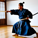 A male Kendo practitioner, in a dynamic mid-strike (Men Uchi) with a shinai, showcasing explosive power and precise technique. He is fully clothed in a traditional Kendo uniform, including a kendogi, hakama, and full protective bogu (men, do, kote, tare), ensuring appropriate attire and professional dress. The setting is a well-lit traditional dojo with a polished wooden floor. The image captures the intense focus and agility required in Kendo, emphasizing perfect anatomy, correct proportions, and a natural pose with well-formed hands and proper finger count. Professional photography, high quality, safe for work, appropriate content, fully clothed, modest, family-friendly.