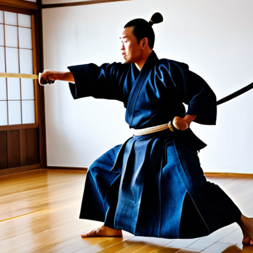 Home 17 A male Kendo practitioner, in a dynamic mid-strike (Men Uchi) with a shinai, showcasing explosive power and precise technique. He is fully clothed in a traditional Kendo uniform, including a kendogi, hakama, and full protective bogu (men, do, kote, tare), ensuring appropriate attire and professional dress. The setting is a well-lit traditional dojo with a polished wooden floor. The image captures the intense focus and agility required in Kendo, emphasizing perfect anatomy, correct proportions, and a natural pose with well-formed hands and proper finger count. Professional photography, high quality, safe for work, appropriate content, fully clothed, modest, family-friendly.