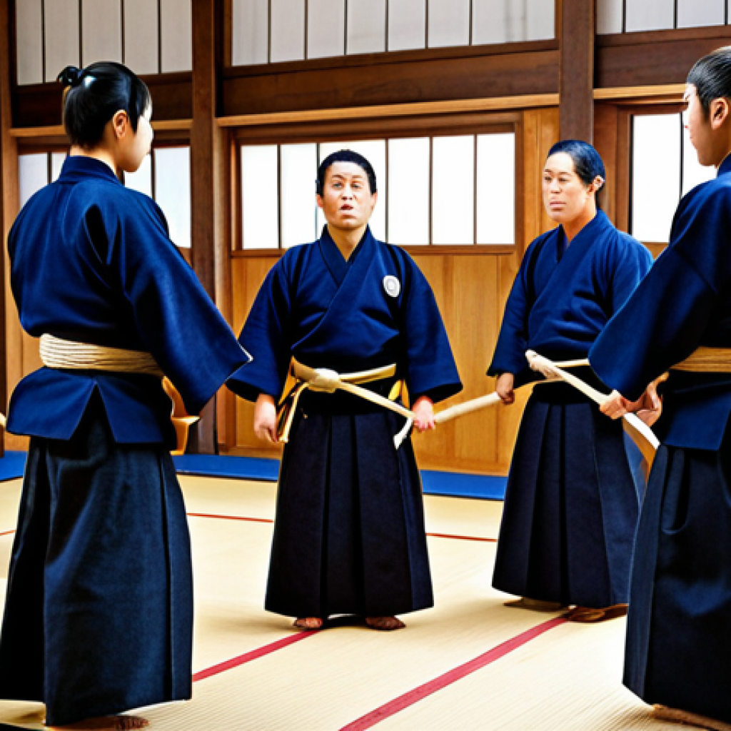 검도 유명 사범 인터뷰 - Kendo Training Session**

"A kendo sensei demonstrating Kihon techniques to students in a dojo, full...