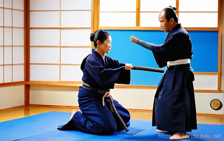검도 실수 교정 방법 - **"Precision in Motion: The Fundamental Suburi"**
    A male kendoka in his late twenties, wearing a...