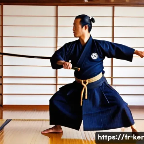 검도 겨루기 전략 - **A Kendo practitioner demonstrating "Issoku Ittô No Maai" (one step, one cut distance).** The image...