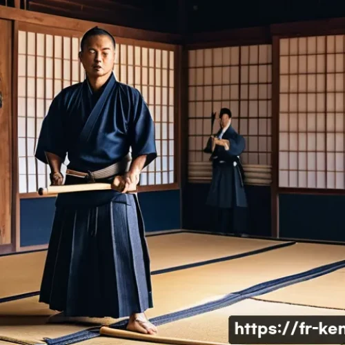 검도 동기 부여 문구 - A focused kendo practitioner in traditional navy blue keikogi and hakama practicing men strikes in a...