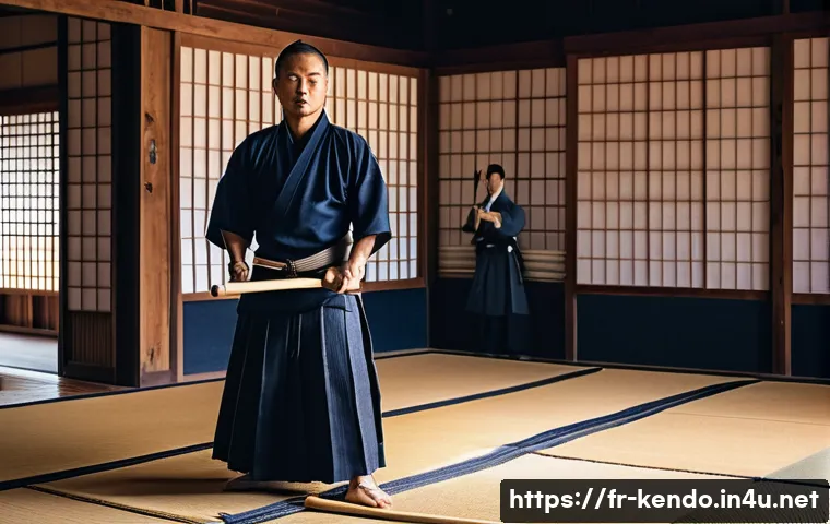 검도 동기 부여 문구 - A focused kendo practitioner in traditional navy blue keikogi and hakama practicing men strikes in a...