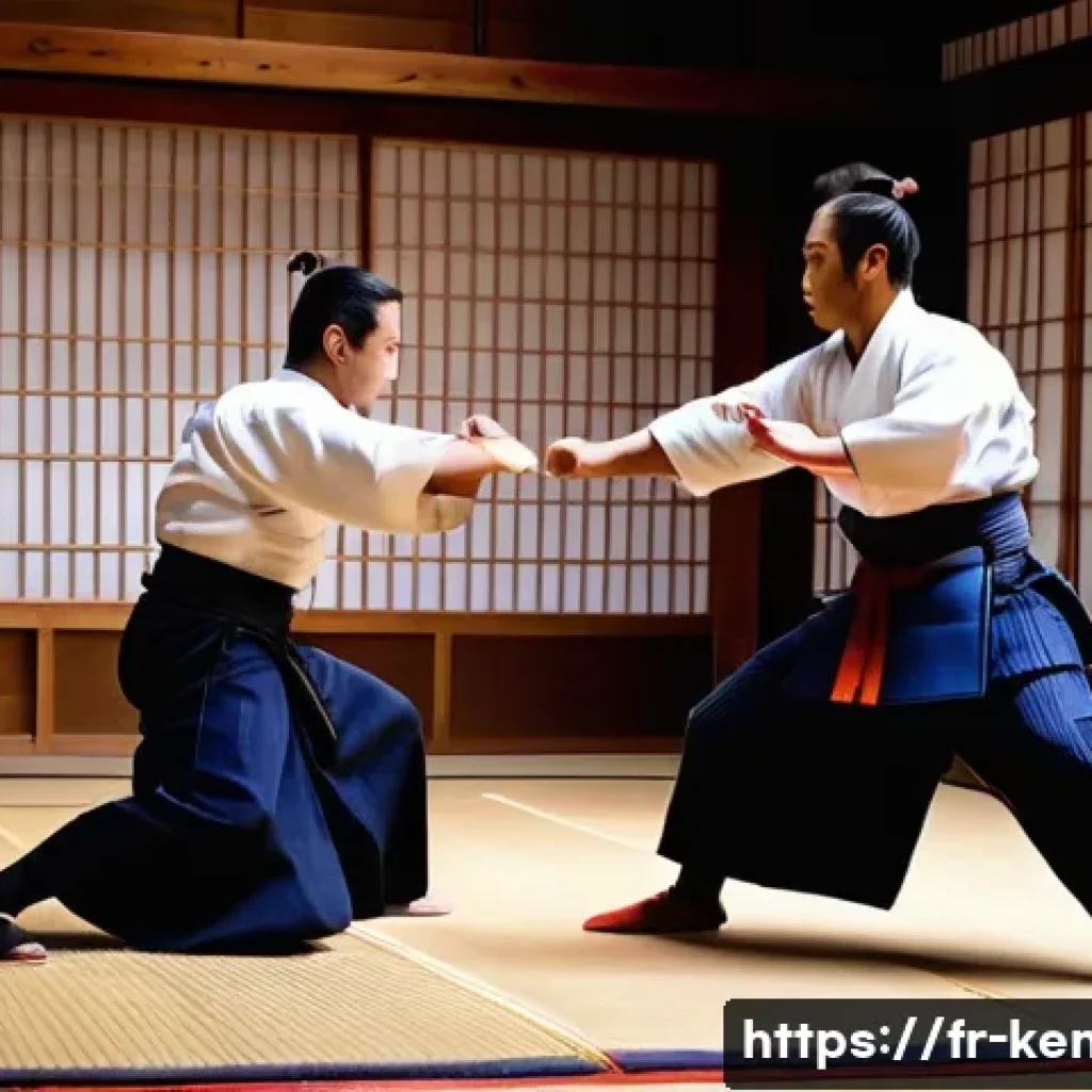 검도 심판이 보는 관점 - A dynamic kendo match scene capturing two male competitors in traditional indigo kendo uniforms and ...