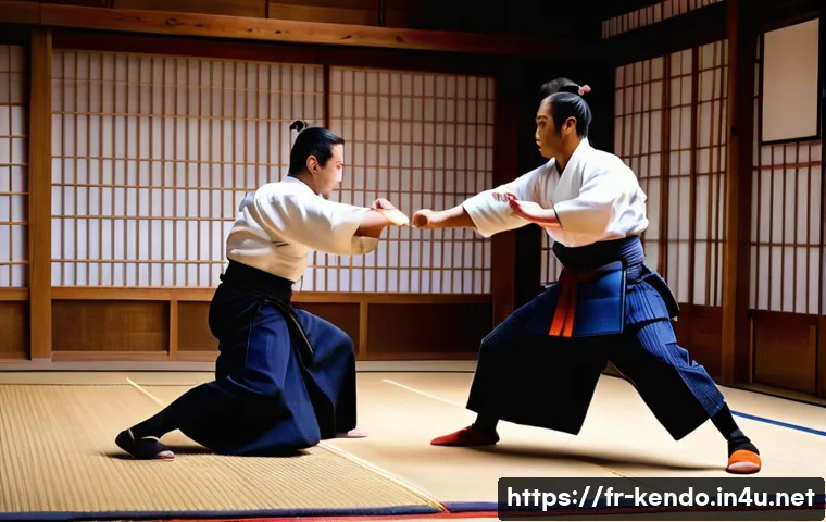 검도 심판이 보는 관점 - A dynamic kendo match scene capturing two male competitors in traditional indigo kendo uniforms and ...