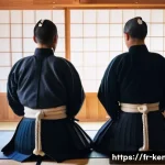 검도 훈련 안전 수칙 - A detailed scene inside a traditional kendo dojo in France, showing two adult practitioners wearing ...
