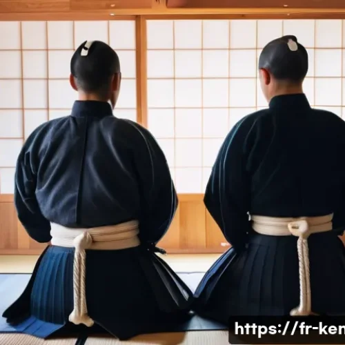 검도 훈련 안전 수칙 - A detailed scene inside a traditional kendo dojo in France, showing two adult practitioners wearing ...