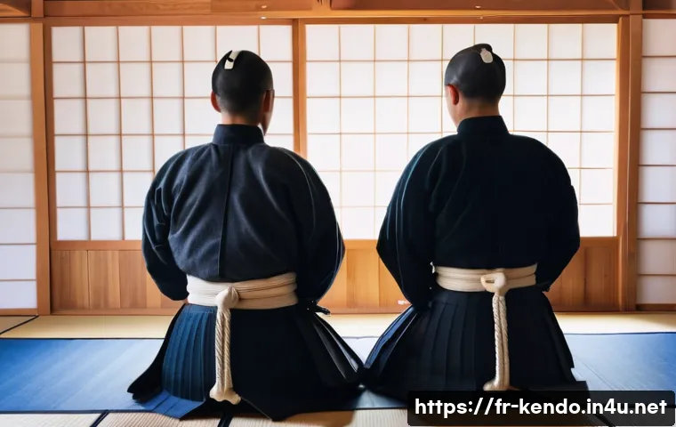 검도 훈련 안전 수칙 - A detailed scene inside a traditional kendo dojo in France, showing two adult practitioners wearing ...