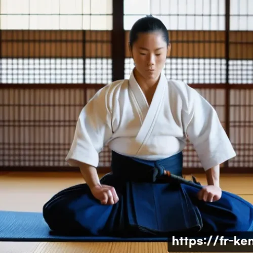 검도 부상 방지 팁 - A detailed scene of a young adult practicing kendo warm-up exercises indoors, wearing traditional ke...