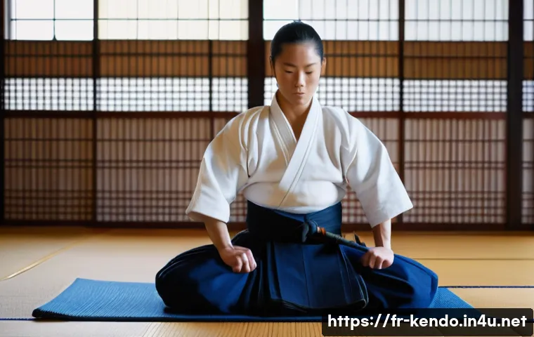 검도 부상 방지 팁 - A detailed scene of a young adult practicing kendo warm-up exercises indoors, wearing traditional ke...