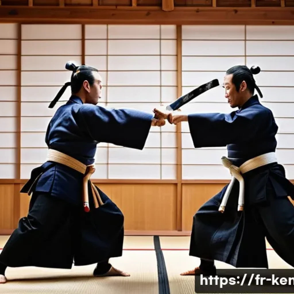 검도 Q A - A detailed scene of two adult kendo practitioners engaged in a match on a traditional Japanese dohyō...