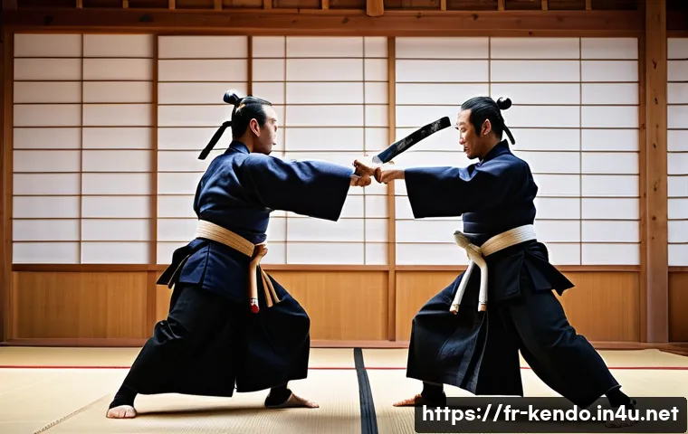 검도 Q A - A detailed scene of two adult kendo practitioners engaged in a match on a traditional Japanese dohyō...
