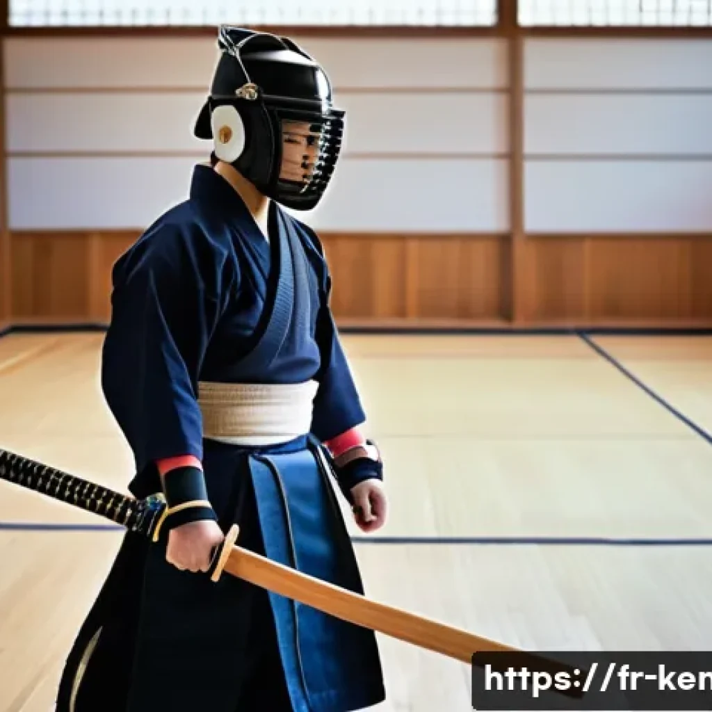 검도 장비 대여 서비스 - A young adult practicing kendo in a modern dojo, wearing full rented bogu armor including men (helme...