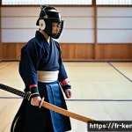 검도 장비 대여 서비스 - A young adult practicing kendo in a modern dojo, wearing full rented bogu armor including men (helme...