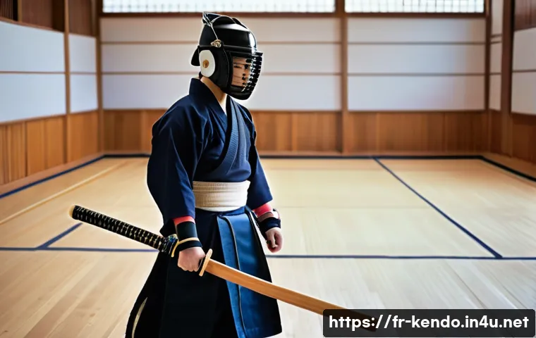 검도 장비 대여 서비스 - A young adult practicing kendo in a modern dojo, wearing full rented bogu armor including men (helme...