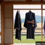 검도 장비 방수 팁 - A detailed close-up of a well-maintained kendo bogu set drying naturally indoors near a large open w...