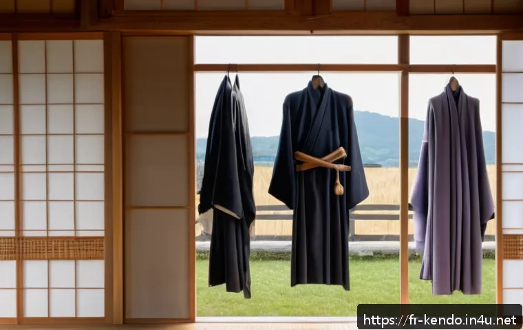 검도 장비 방수 팁 - A detailed close-up of a well-maintained kendo bogu set drying naturally indoors near a large open w...