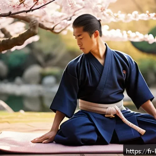 검도 시합 후 회복법 - A serene post-kendo training scene showing a young adult male wearing a traditional kendogi and haka...