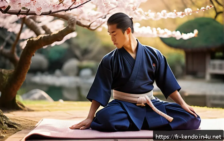 검도 시합 후 회복법 - A serene post-kendo training scene showing a young adult male wearing a traditional kendogi and haka...