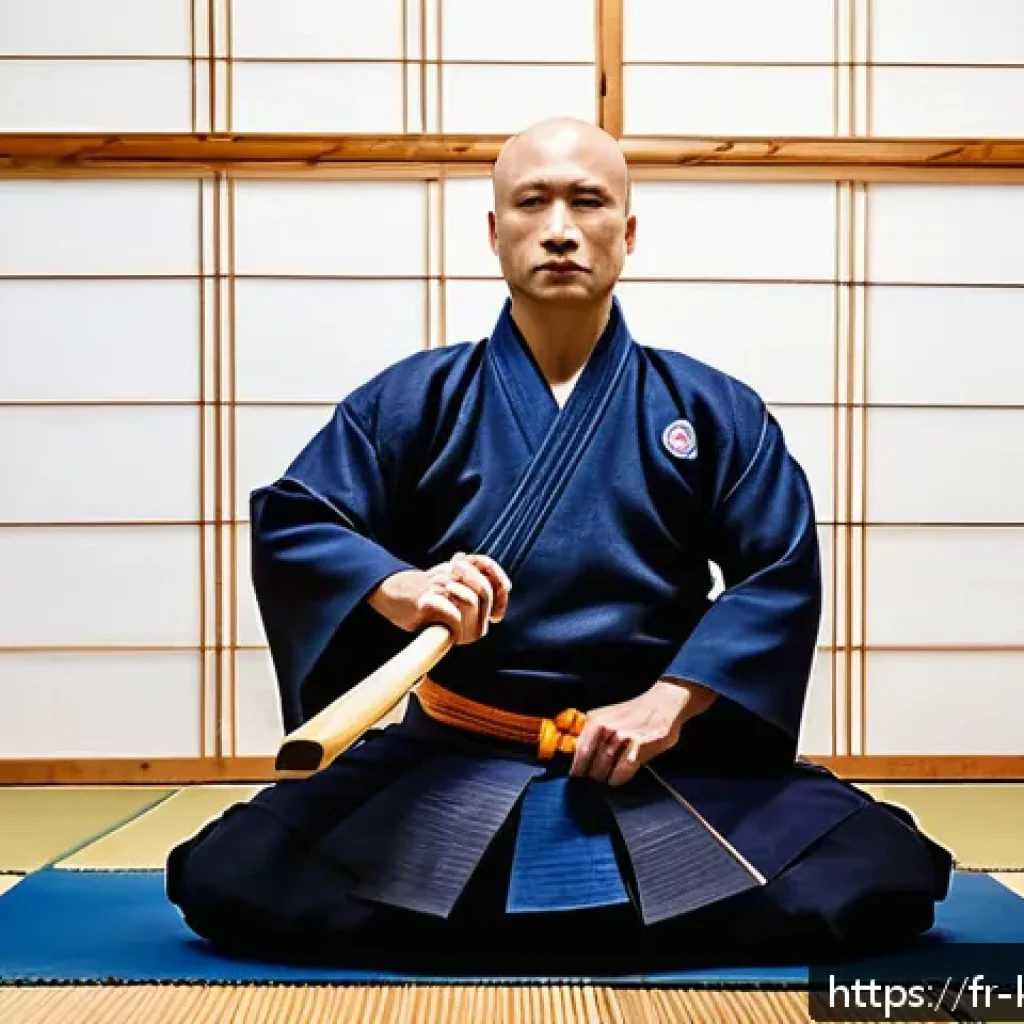 검도 정신의 현대적 해석 - A serene and focused French adult practicing Kendo in a traditional dojo setting during early mornin...