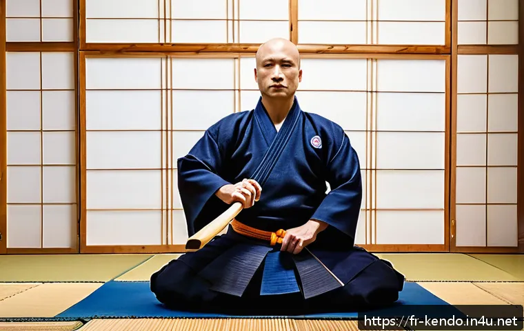 검도 정신의 현대적 해석 - A serene and focused French adult practicing Kendo in a traditional dojo setting during early mornin...