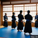 검도 유명 도장 추천 - A serene Parisian kendo dojo interior in the 11th arrondissement during evening training, wooden flo...