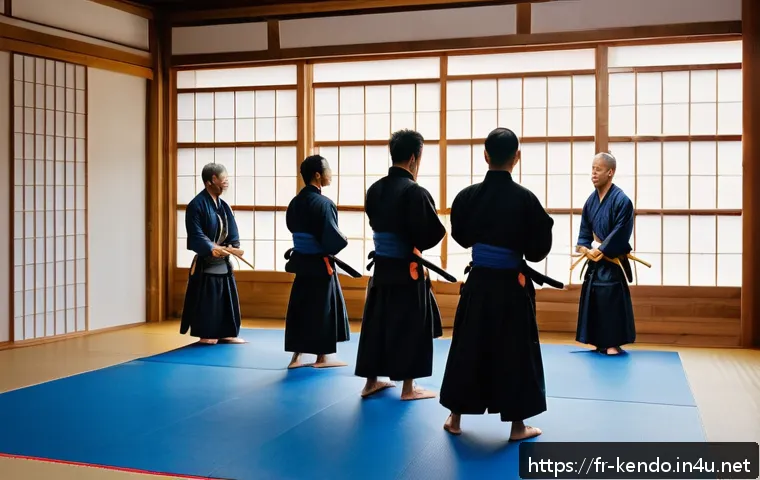 검도 유명 도장 추천 - A serene Parisian kendo dojo interior in the 11th arrondissement during evening training, wooden flo...