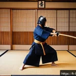 검도 훈련 루틴 - A dynamic kendo training scene set in a traditional Japanese dojo, featuring a focused adult male pr...