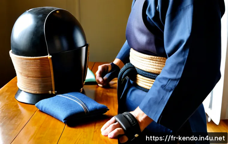 Home 17 검도 장비 중고 구매 가이드 - Photorealistic close-up of a carefully arranged used kendo equipment set on a clean wooden table: ba...
