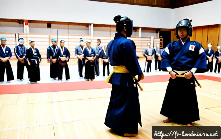 검도 경기 시 복장 규정 - Photorealistic French kendo tournament scene inside a bright municipal sports hall, adult competitor...
